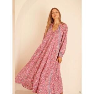 NATALIE MARTIN Sz S Small Pink Lavender Floral 100% Silk Fiore Maxi Dress